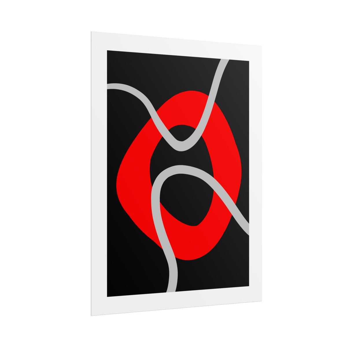 Convergence by Julia Hargreaves - abstract art print featuring a bold red looped shape on a black background, with flowing gray lines crossing the composition. The print is presented at a slight angle with a white frame against a clean white background.