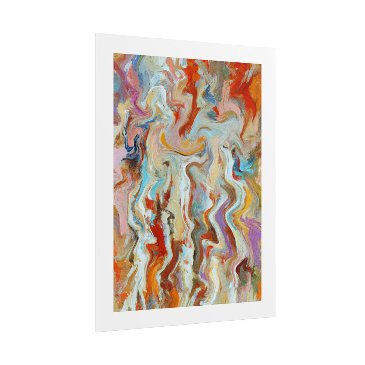 Letting Go - An abstract art print featuring a colourful, fluid, wavy pattern in shades of orange, red, blue, purple, and cream, presented with a wide white border on a clean white background.