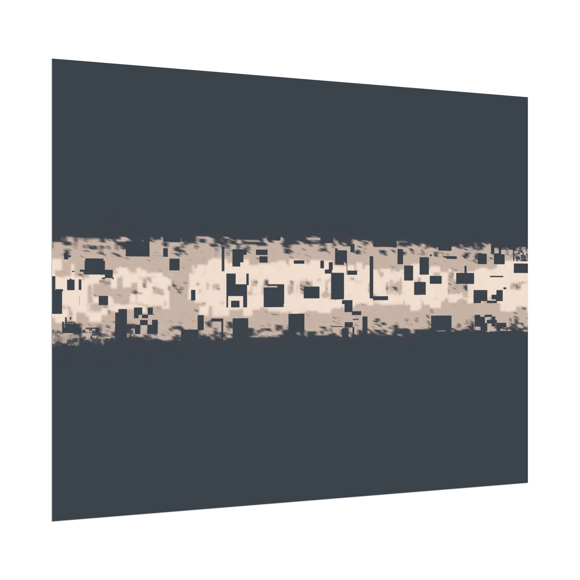 Minimalist art piece with fragmented textures on a blue-grey background.