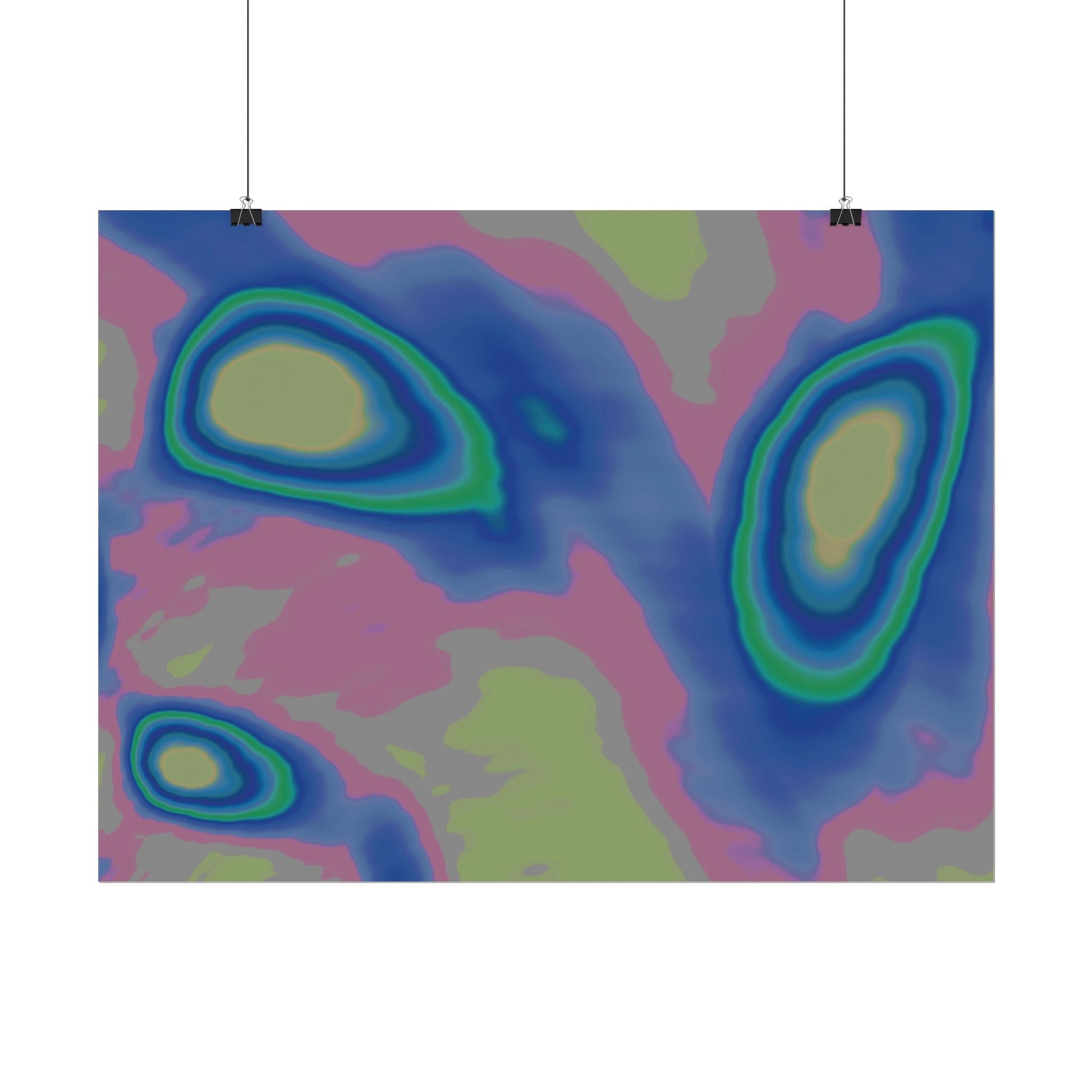 Contemporary art poster in an abstract design featuring subtle shades of pink, blue, beige and yellow. 
