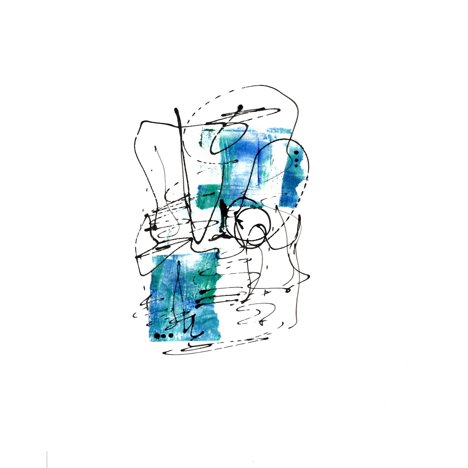 Abstract artwork by artist Julia Hargreaves titled 'Fluid Harmony'.  It features a free-flowing, dynamic composition of abstract forms in a tranquil colour palette of blue and green.