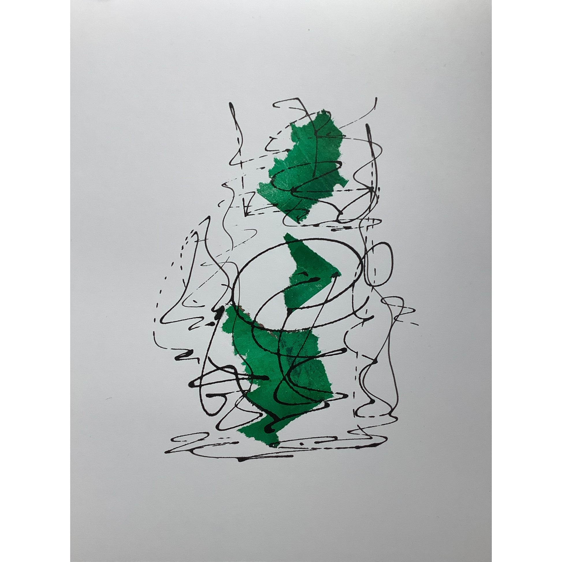 Image of a black and green mixed media artwork by artist Julia Hargreaves.  It  incorporates both collage and free-form elements  in an abstract design with a lively and expressive feel.