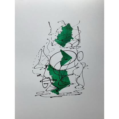 Image of a black and green mixed media artwork by artist Julia Hargreaves.  It  incorporates both collage and free-form elements  in an abstract design with a lively and expressive feel.