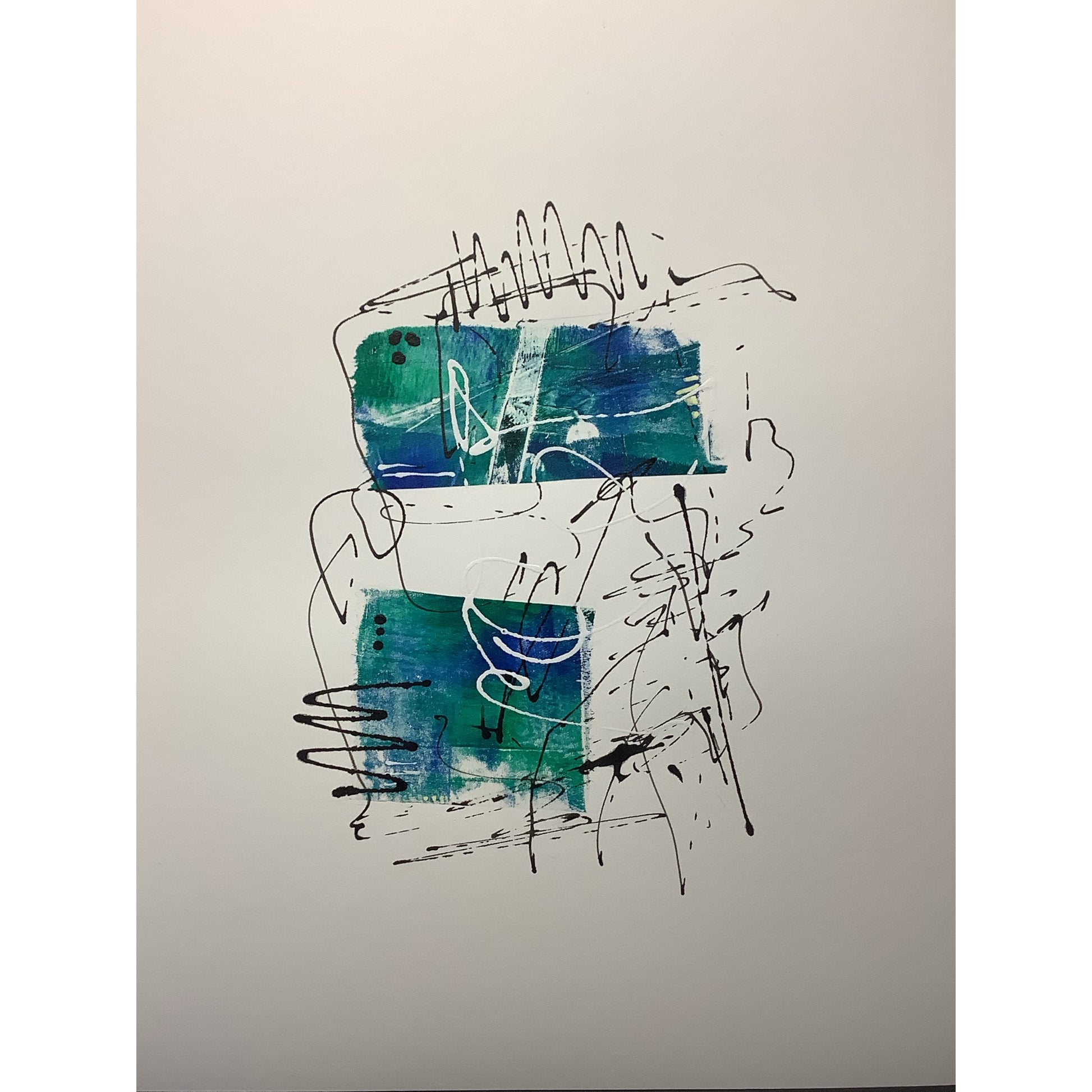 Image of a mixed media artwork by Julia Hargreaves.  It features free-form patterns and dynamic lines in shades of blue-green and black,