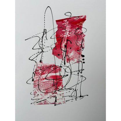 Artworki featuring an abstract design with red tones and black dynamic line, which give it a lively and expressive vibe.