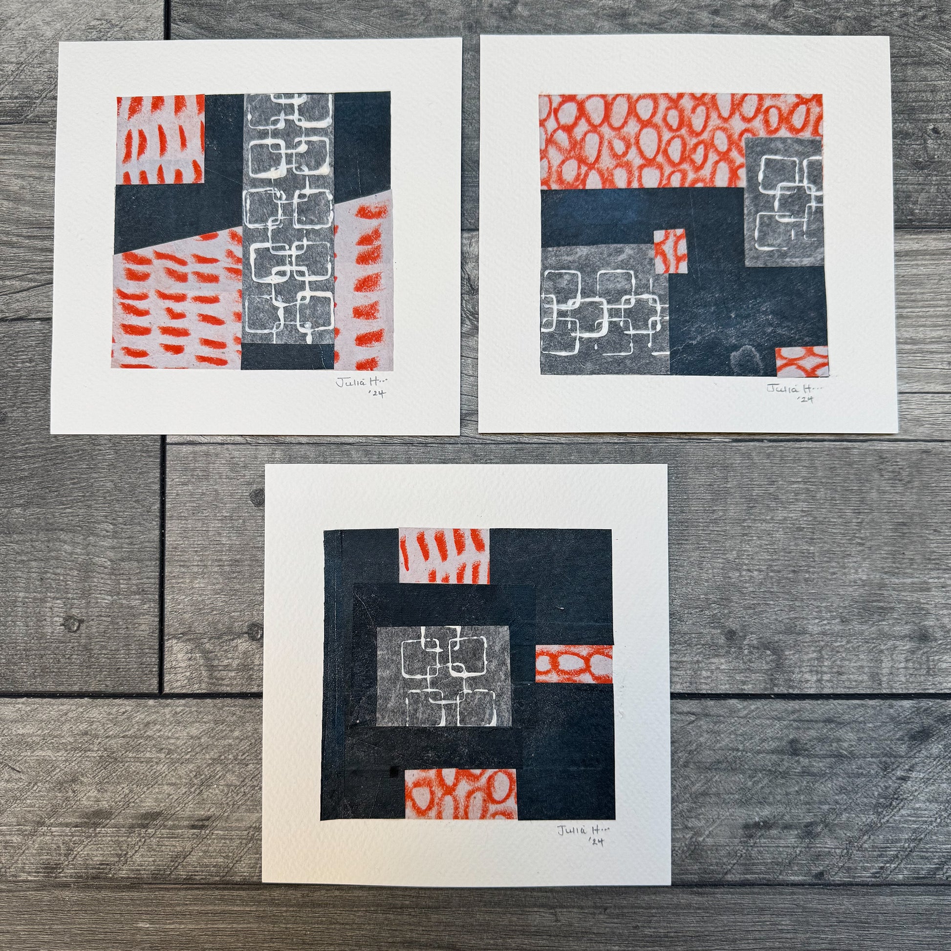Image of three abstract artworks with black and orange tones.