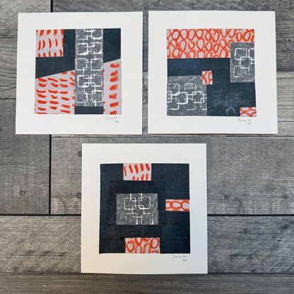 Image of three abstract artworks with black and orange tones.