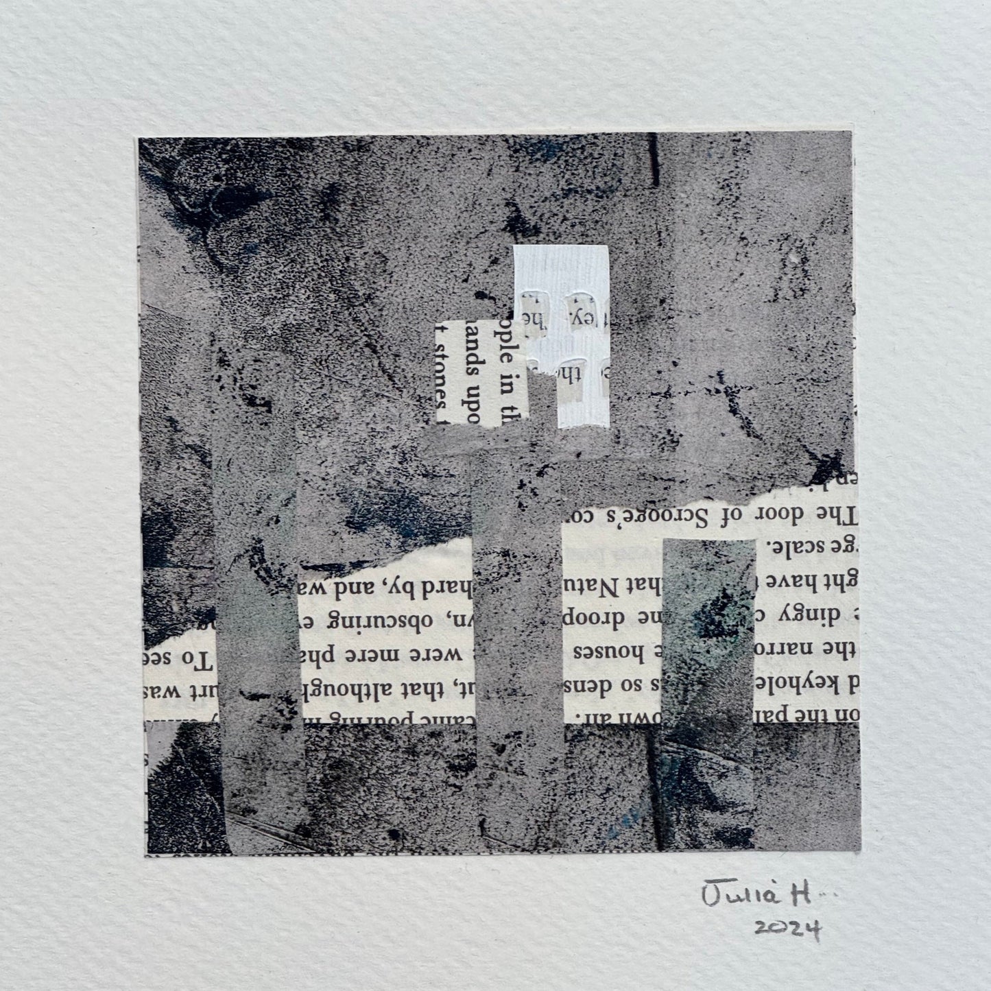 Image of an abstract collage artwork with grey tones and book pages.  Signed by the artist.