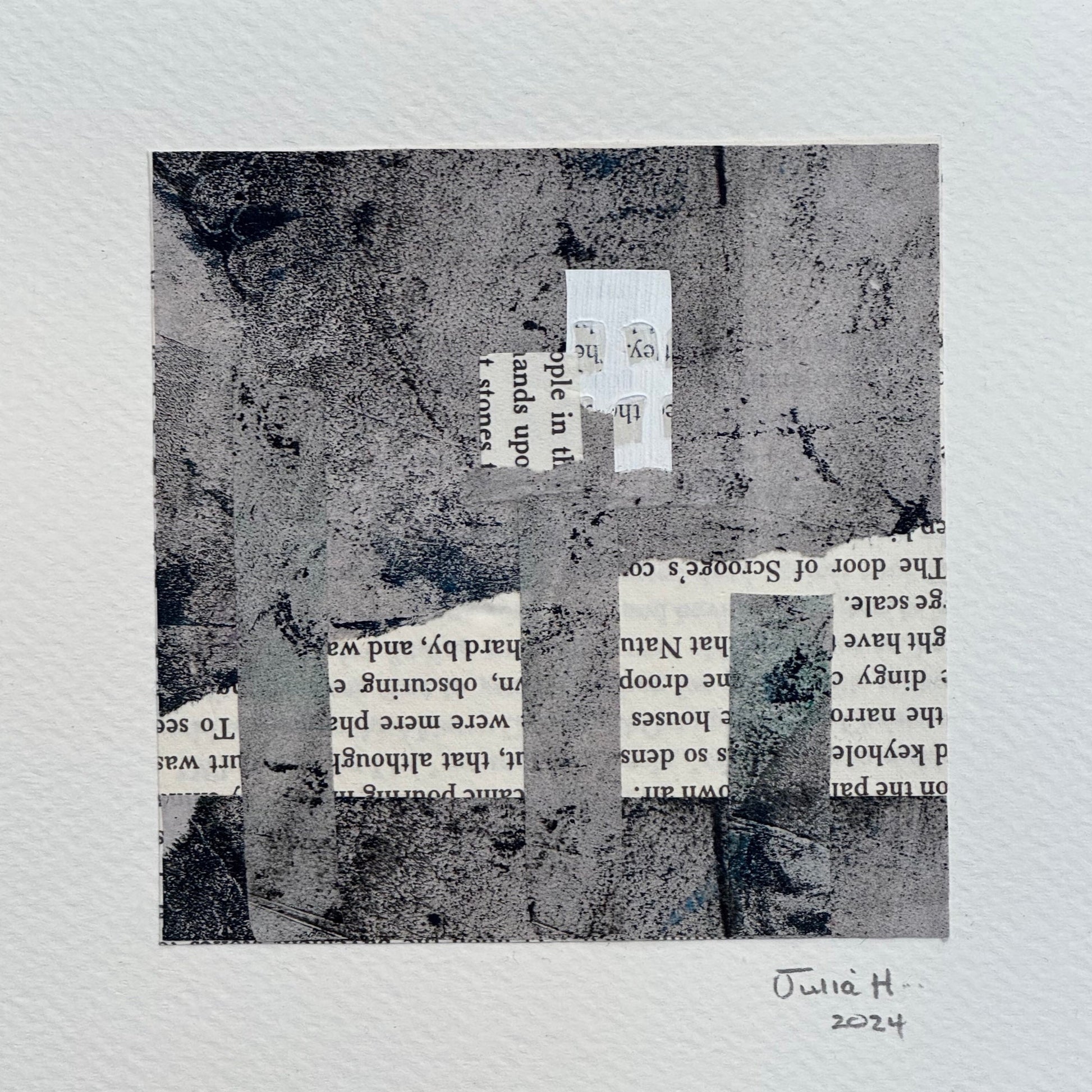 Image of an abstract collage artwork with grey tones and book pages.  Signed by the artist.