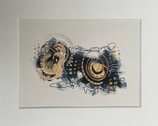 Image of an abstract, matted, original mixed media painting that showcases structured patterns and fluid brush strokes in blue, gold, and black hues.