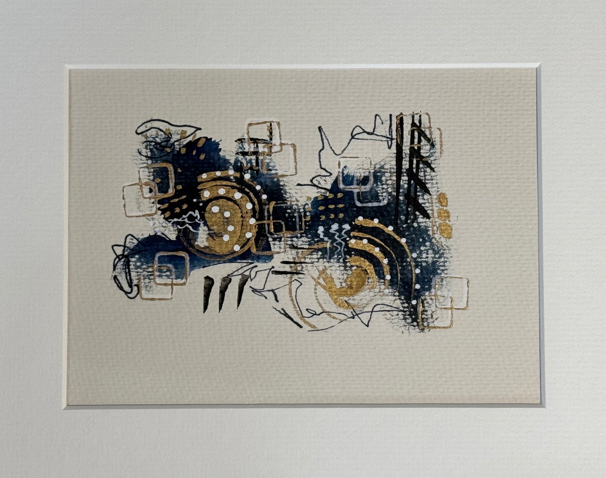 Image of an abstract painting featuring a combination of various shapes and lines. There are splatters, strokes, and dots predominantly in blue and brown hues with some elements outlined or accented in gold. The composition includes circular forms that resemble gears or mechanical parts, square shapes that could be interpreted as windows or frames, alongside free-form lines and drips creating a dynamic and somewhat industrial feel to the artwork.