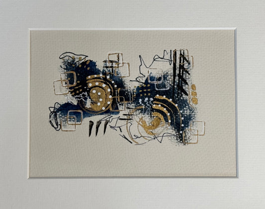 Image of an abstract painting featuring a combination of various shapes and lines. There are splatters, strokes, and dots predominantly in blue and brown hues with some elements outlined or accented in gold. The composition includes circular forms that resemble gears or mechanical parts, square shapes that could be interpreted as windows or frames, alongside free-form lines and drips creating a dynamic and somewhat industrial feel to the artwork.