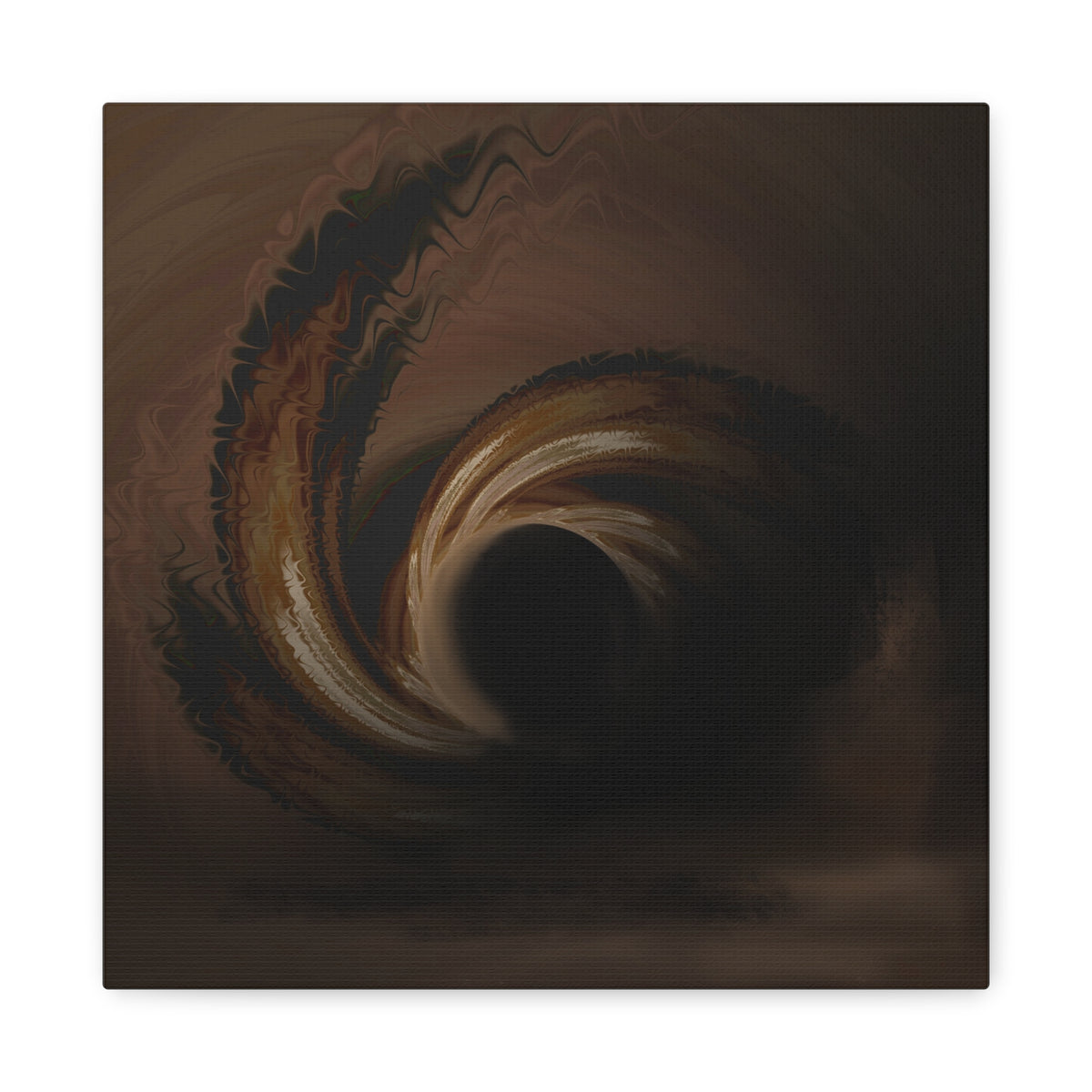 A square canvas wall art print featuring an abstract swirling tunnel design in dark brown, black, and warm beige tones, shown against a plain white background.