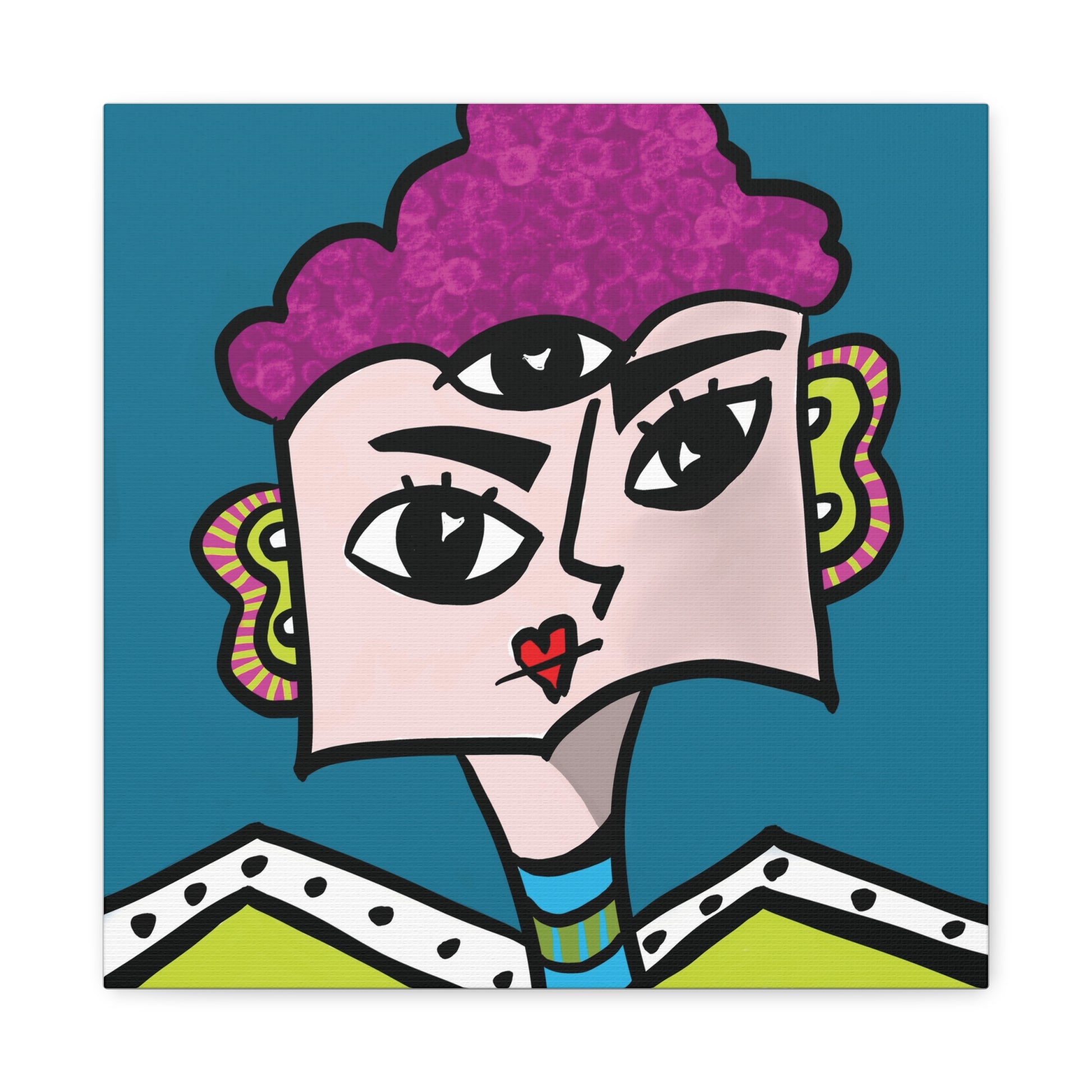Colorful abstract illustration of a face with purple hair on a blue background