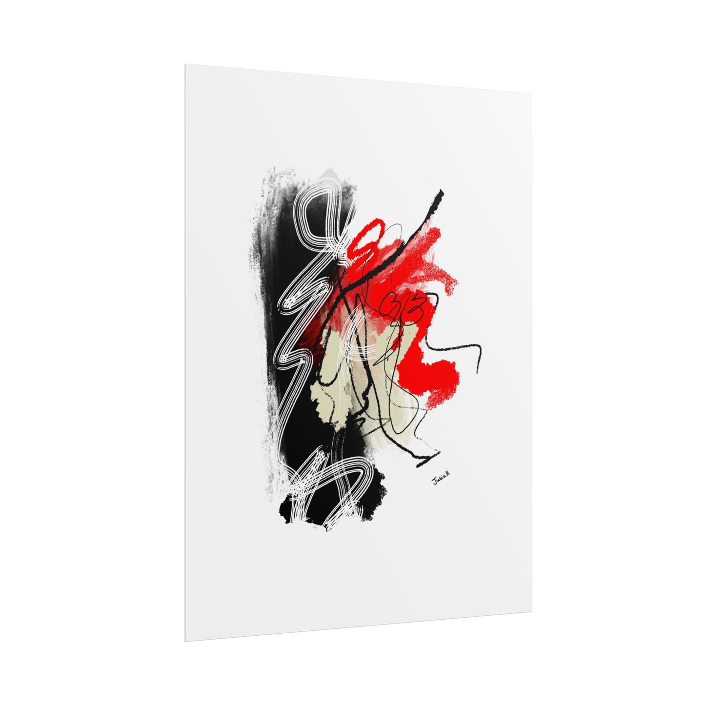 Because - Abstract artwork with black, red, beige, and white on a white background