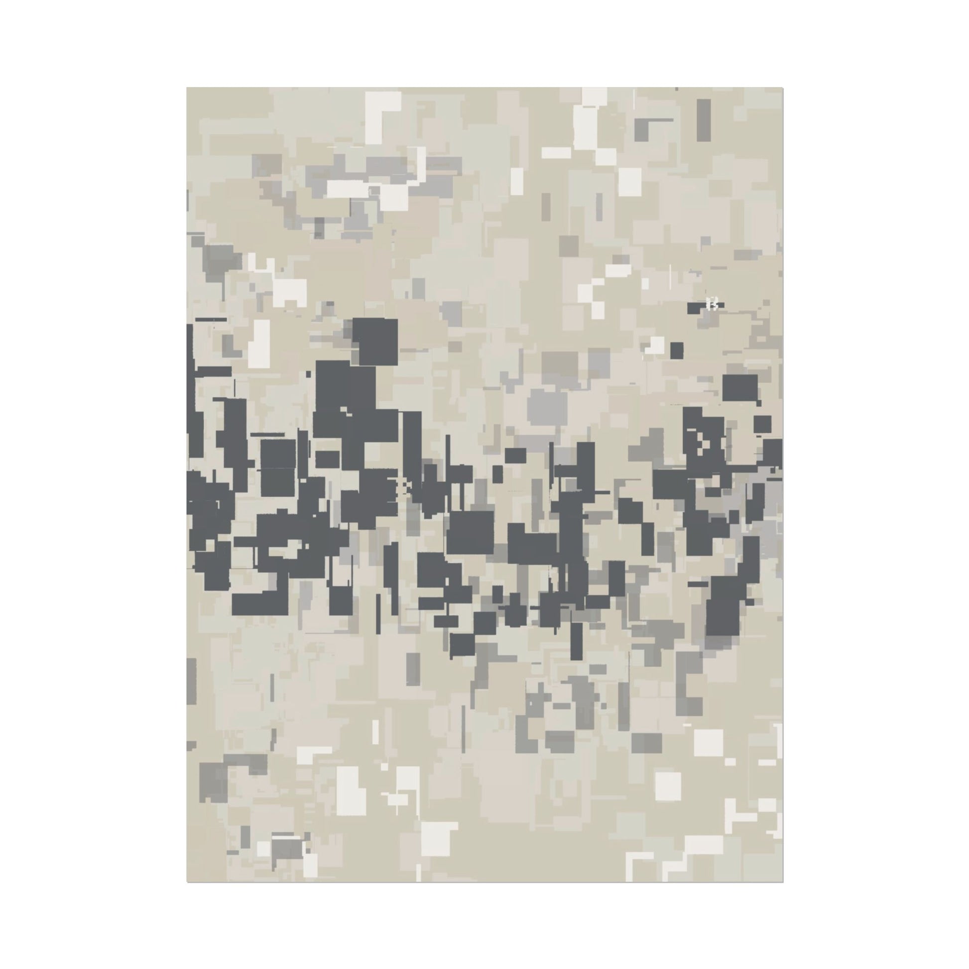 Abstract fine art print with neutral layers and pixelated patterns on a white background.