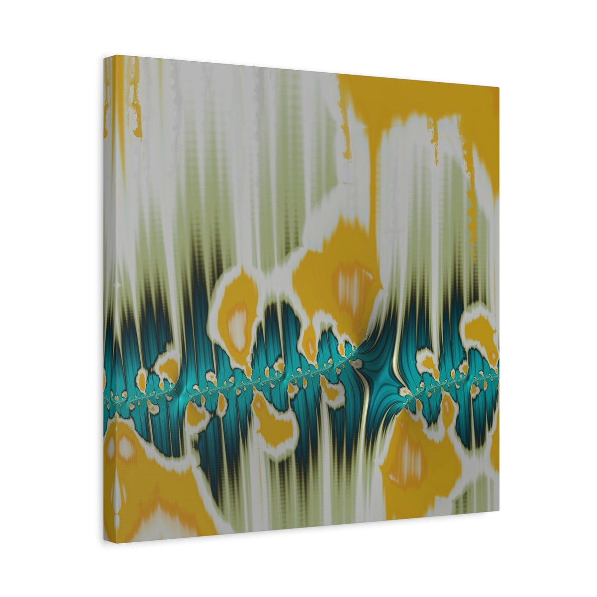 The Pull - Abstract canvas wall art featuring a vertical fluid design with yellow, teal, white, and dark blue-green tones, shown at a three-quarter angle on a white background.