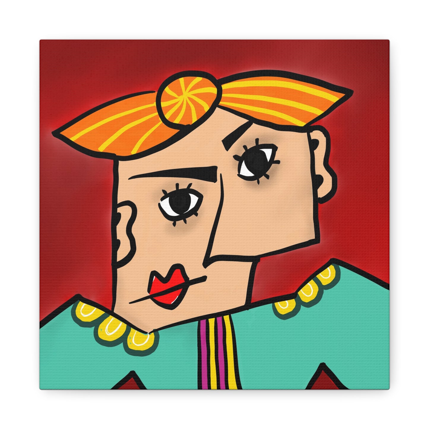 Colourful abstract painting of a face with a red background
