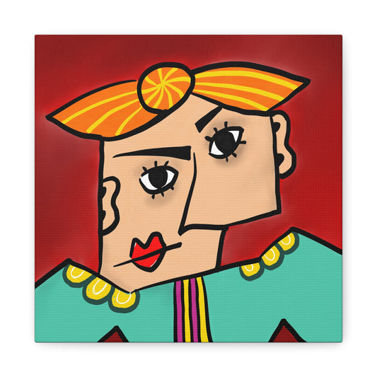 Colourful abstract painting of a face with a red background