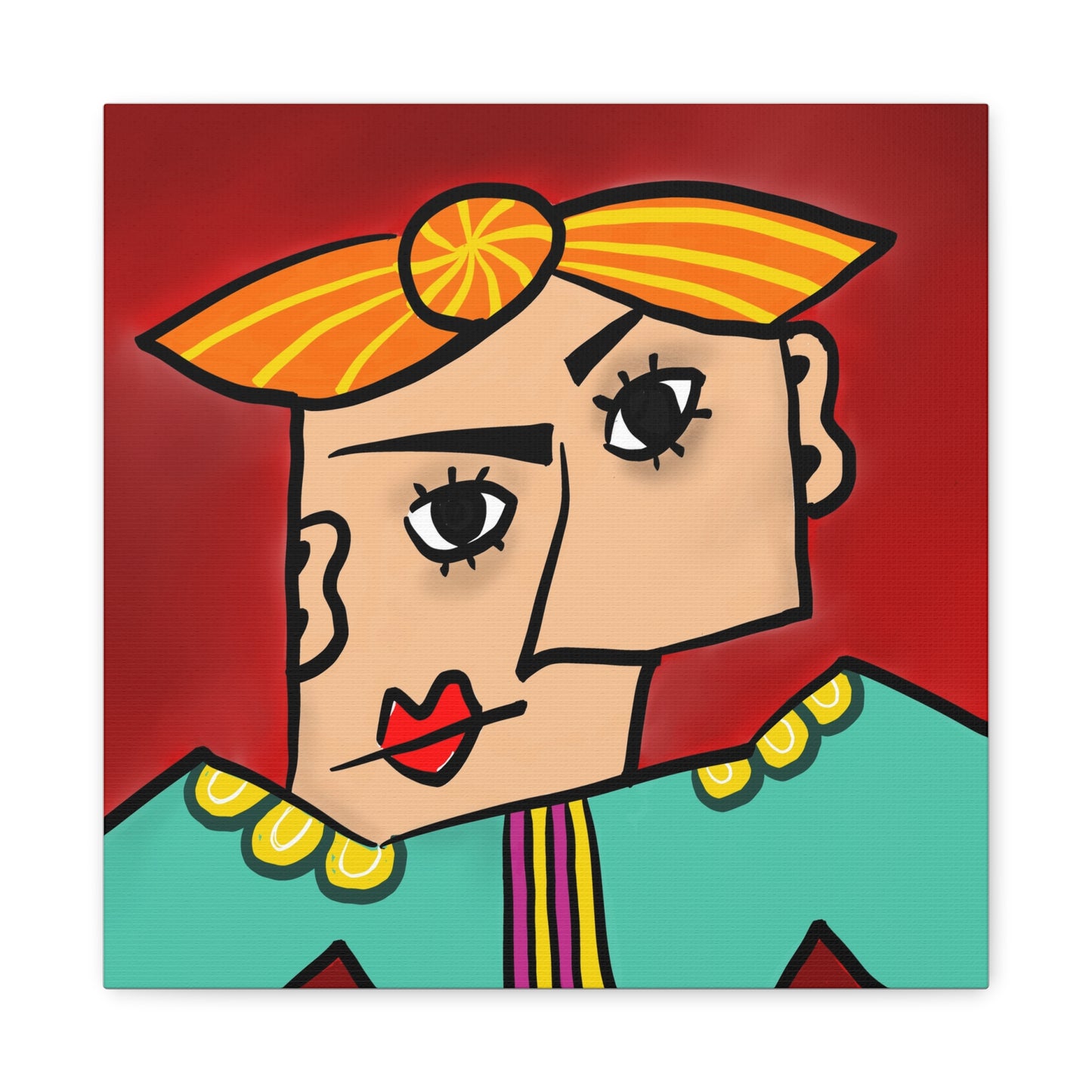 Colorful abstract artwork of a face with geometric design on a red background