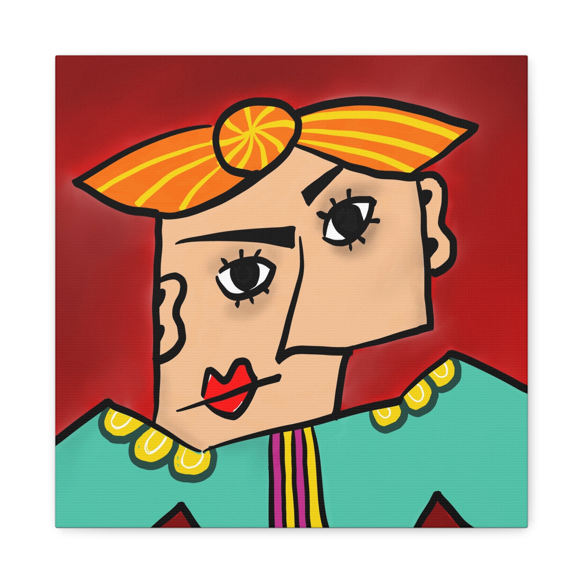Colorful abstract artwork of a face with geometric design on a red background