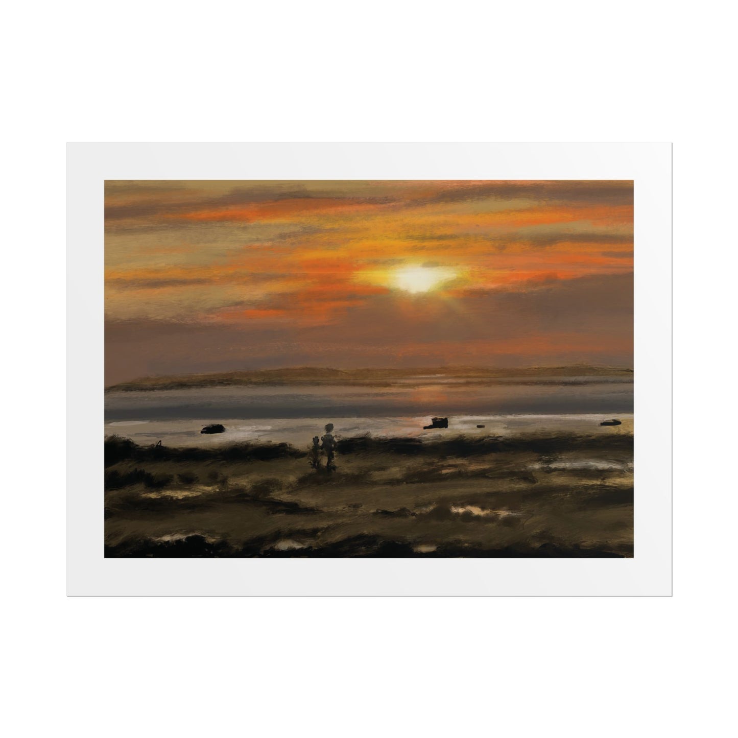 Half Moon Bay Sunset art print featuring a sunset landscape digital painting with a glowing sun over calm water and dark foreground terrain, centered on a white background.