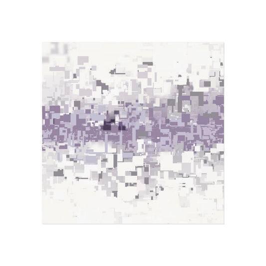 Abstract artwork with pattern of purple and white squares on a white background