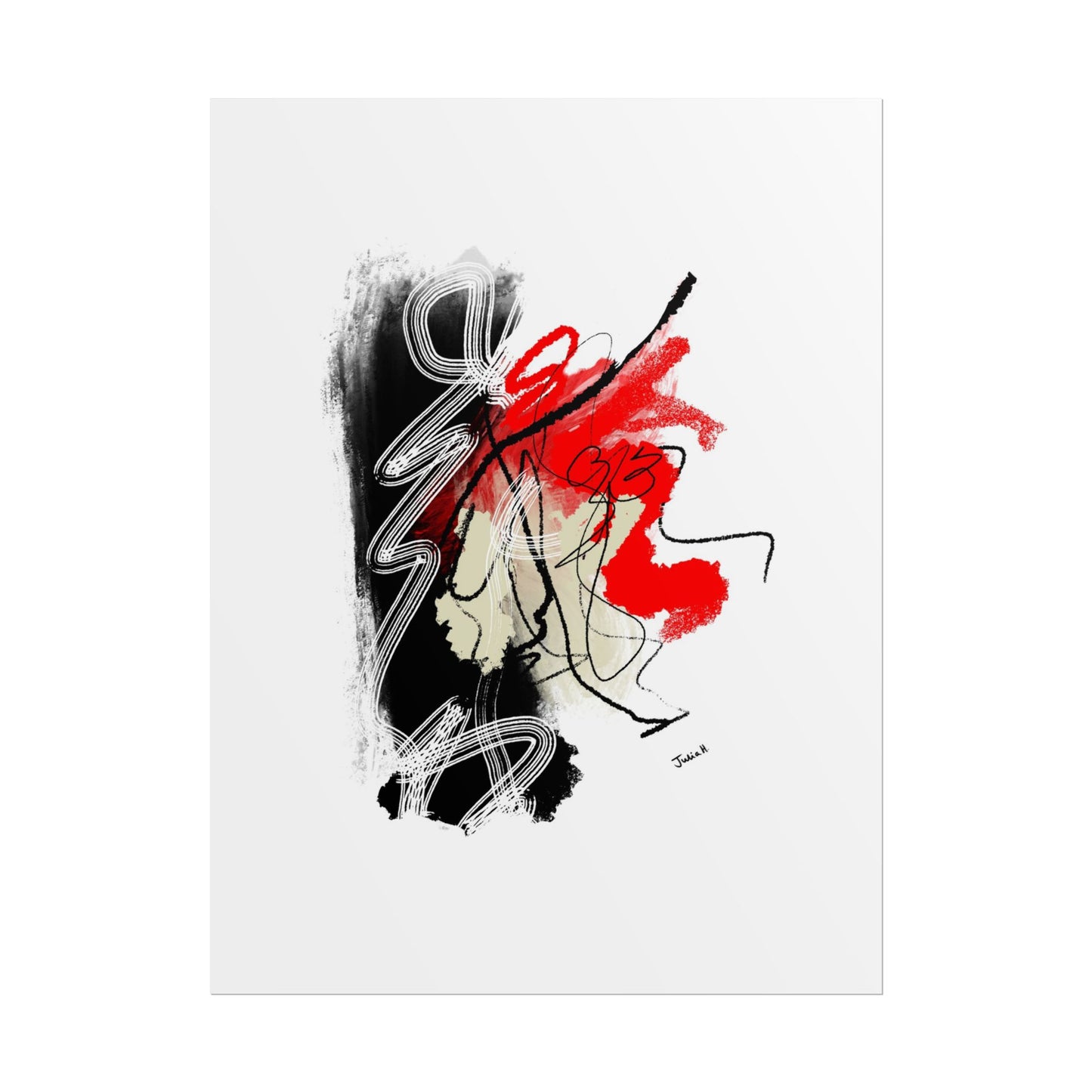 Because - Abstract artwork with black, red, and white on a white background