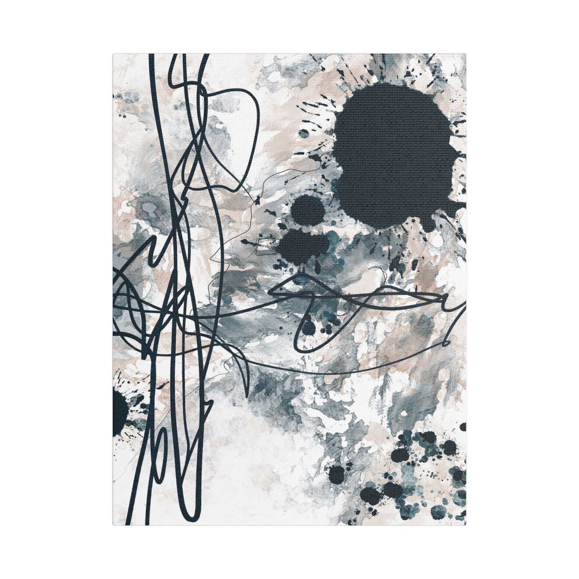 'Ink Dance' abstract art piece by Julia Hargreaves featuring a mix of splattered, dripped, and brushed elements in black, grey and white tones.  The dynamic lines and freeform patterns create a sense of depth and movement, giving the artwork an expressive and spontaneous quality.