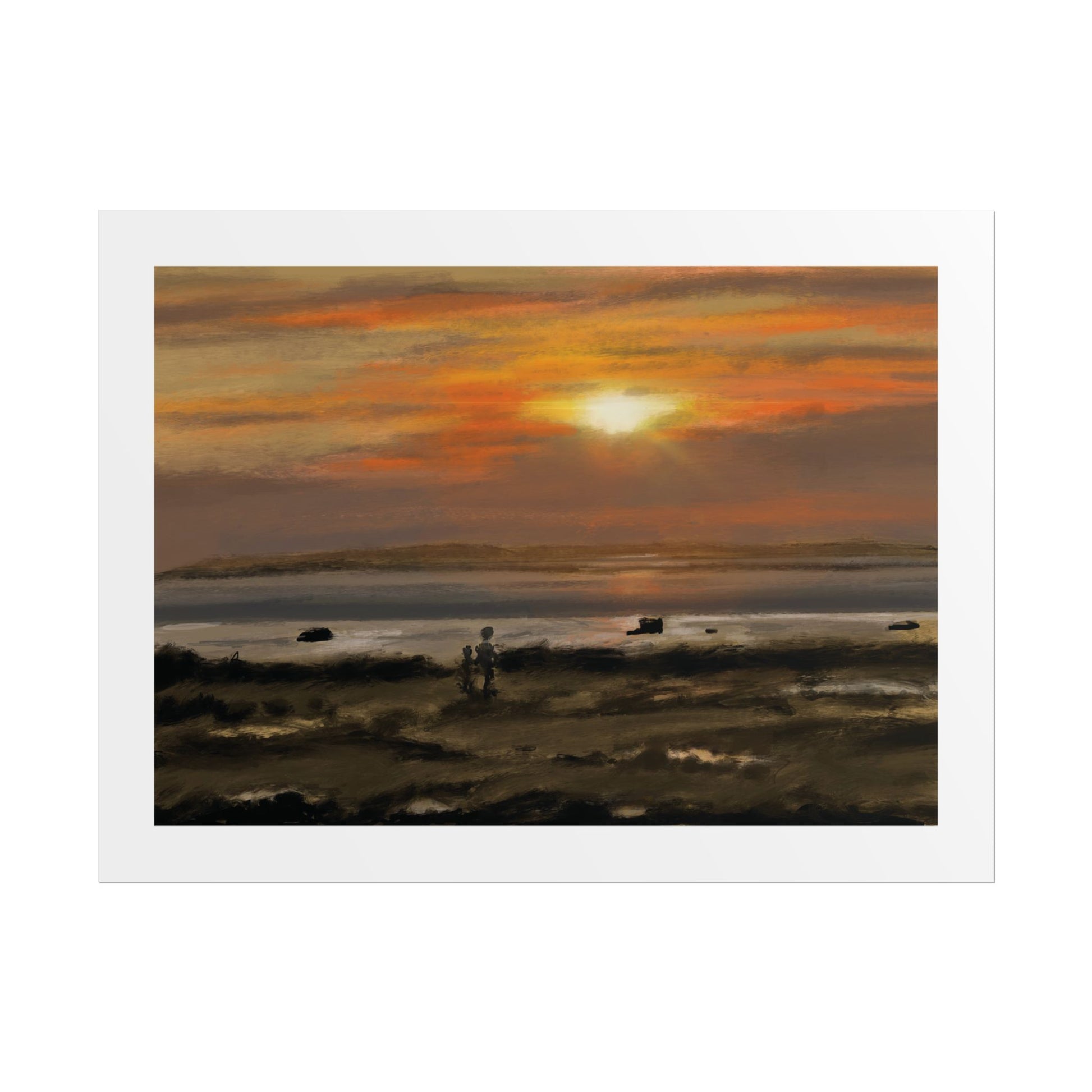 Half Moon Bay Sunset art print featuring a sunset landscape digital painting with a glowing sun over calm water and dark foreground terrain, centered on a white background.