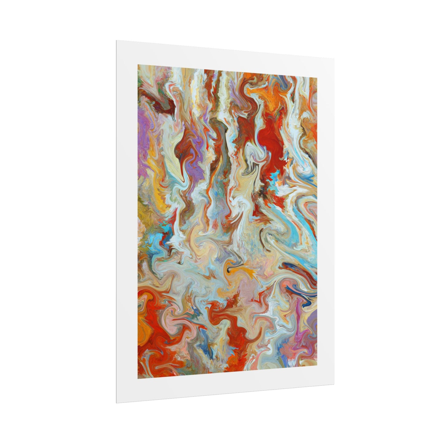 Into Autumn - An abstract art print featuring a swirling, marbled pattern of orange, red, cream, blue, purple, and brown tones, presented as a vertical print with a white border on a clean white background.