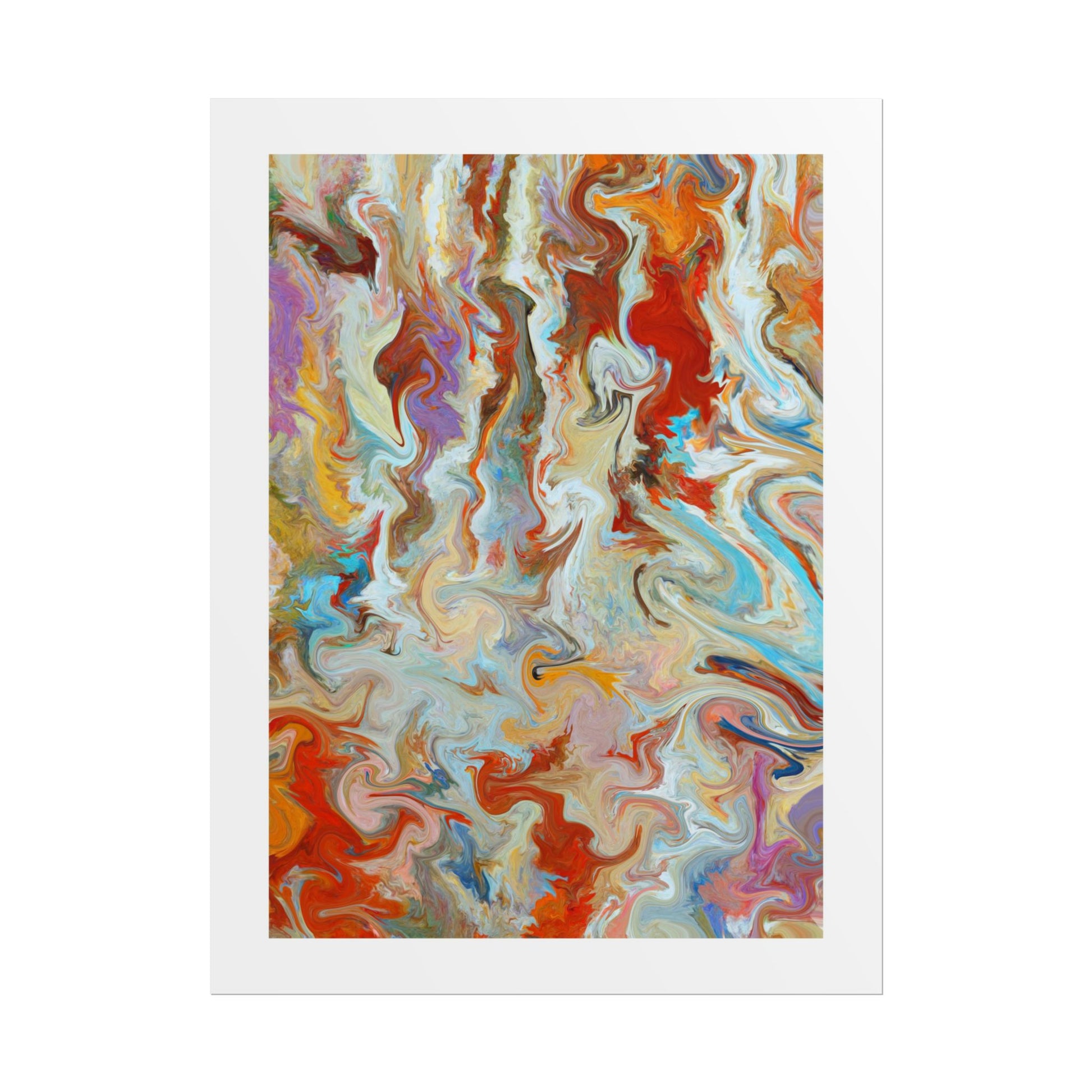 Into Autumn - An abstract art print featuring a swirling, marbled pattern of vibrant red, orange, blue, purple, and cream colours, presented with a wide white border on a clean white background.