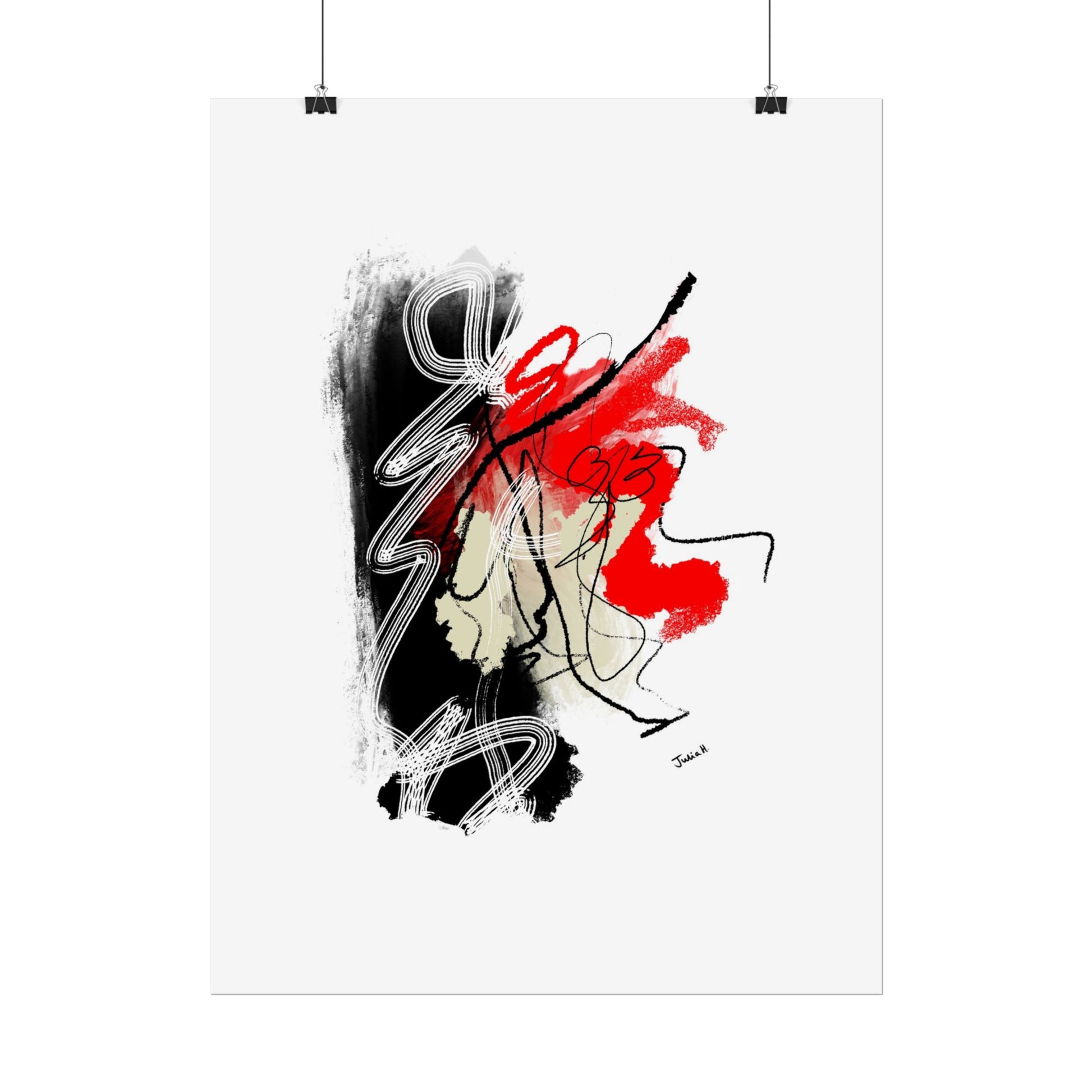 Because - Abstract artwork with black, red, beige, and white on a white background