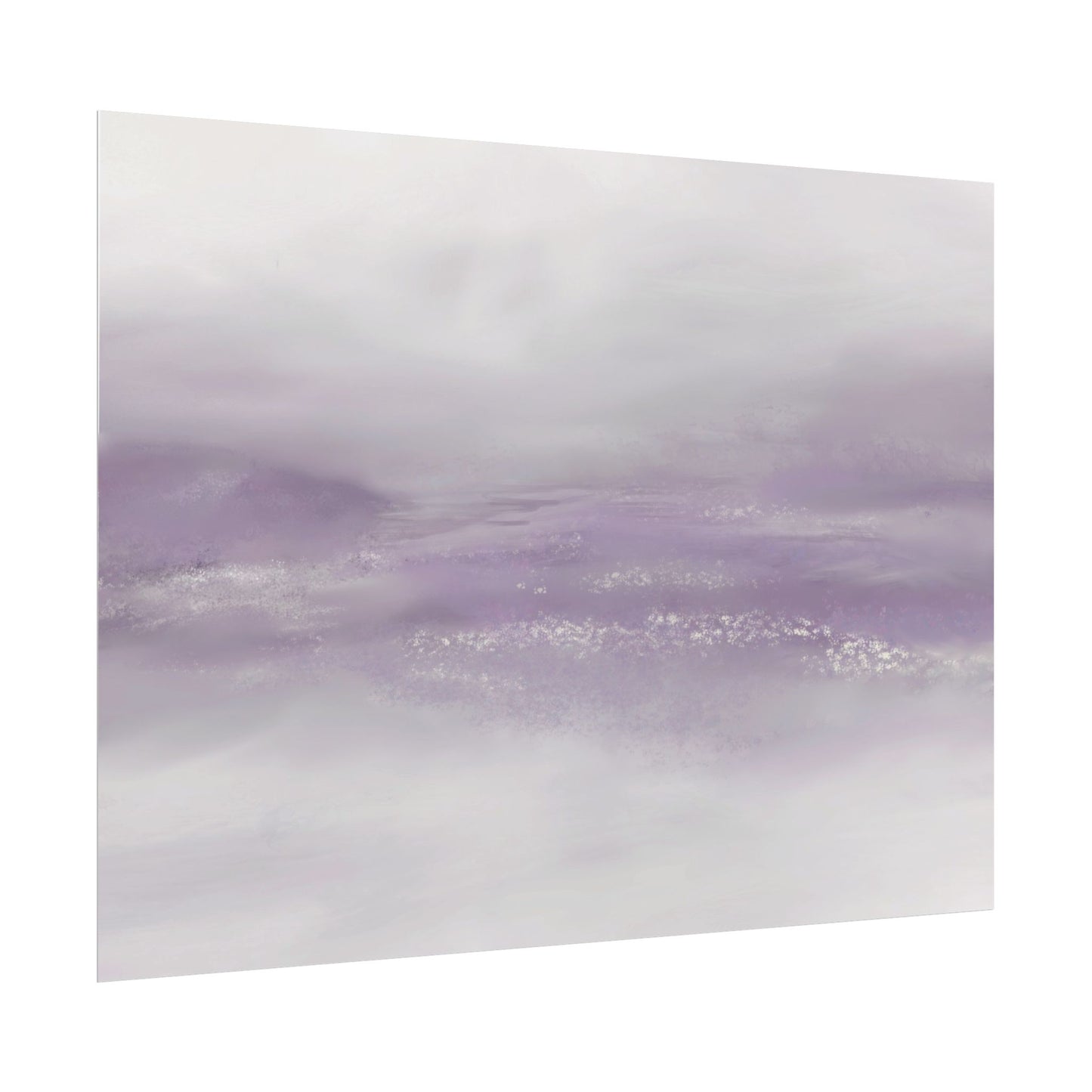 Angled view of a soft textured abstract art  print with a gradient of purple and white., on a white background.