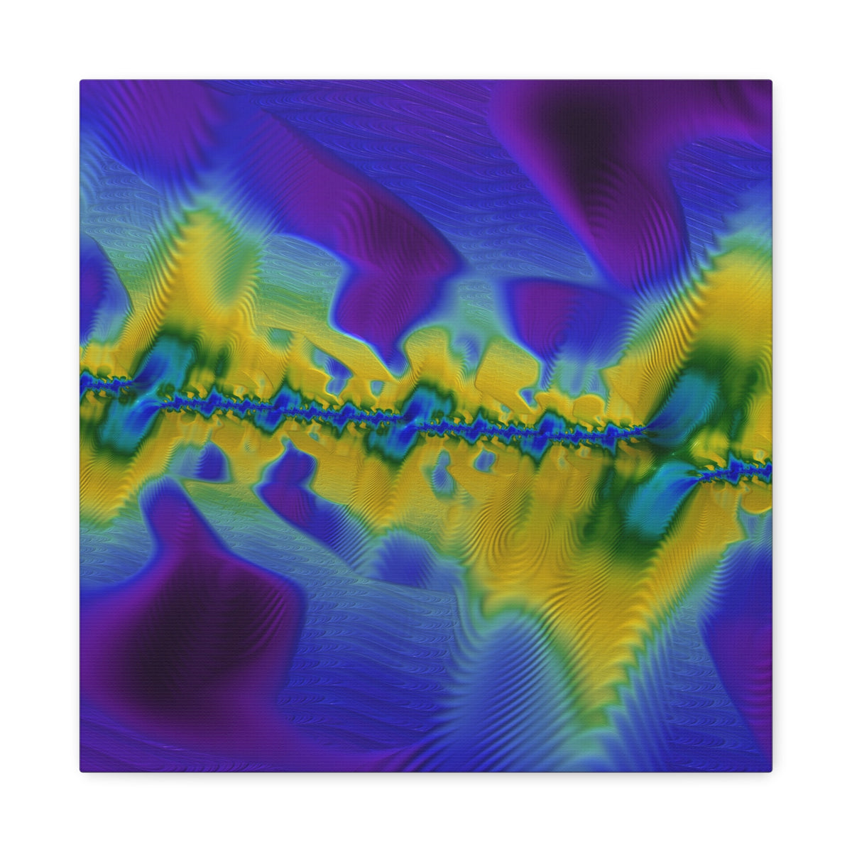 Abstract square art print featuring a vibrant, fluid composition of purple, blue, yellow, and green with wavy, rippled textures and a bright horizontal band of color through the center, shown against a plain white background.