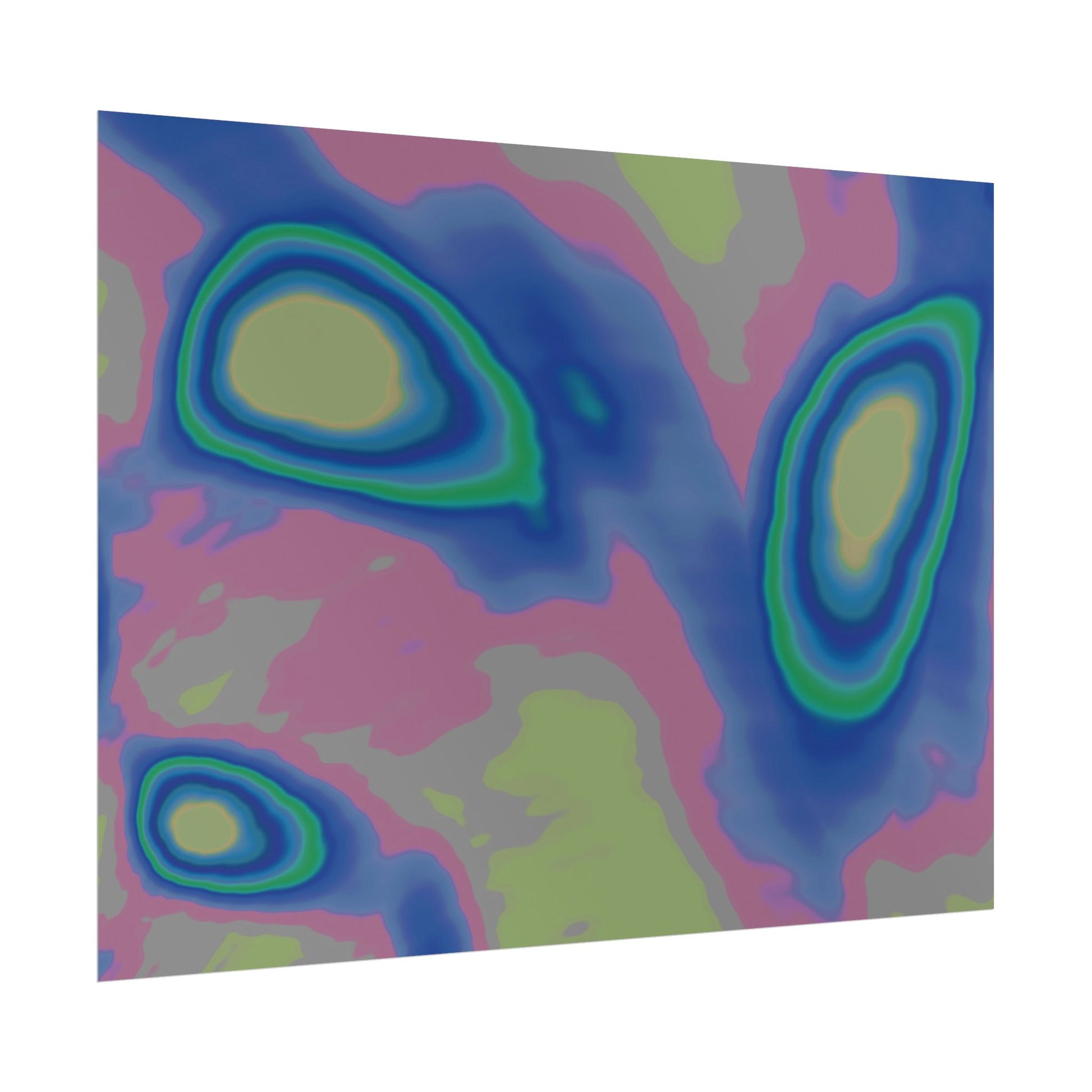 Angled view of a contemporary art poster in an abstract design featuring subtle shades of pink, blue, beige and yellow. 