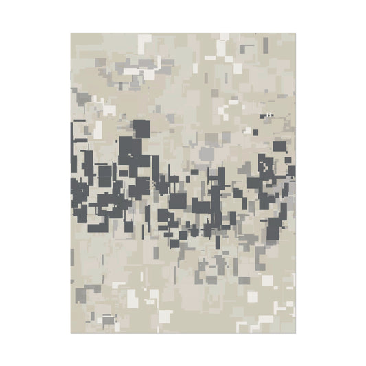 Abstract fine art print with neutral layers and pixelated patterns on a white background.