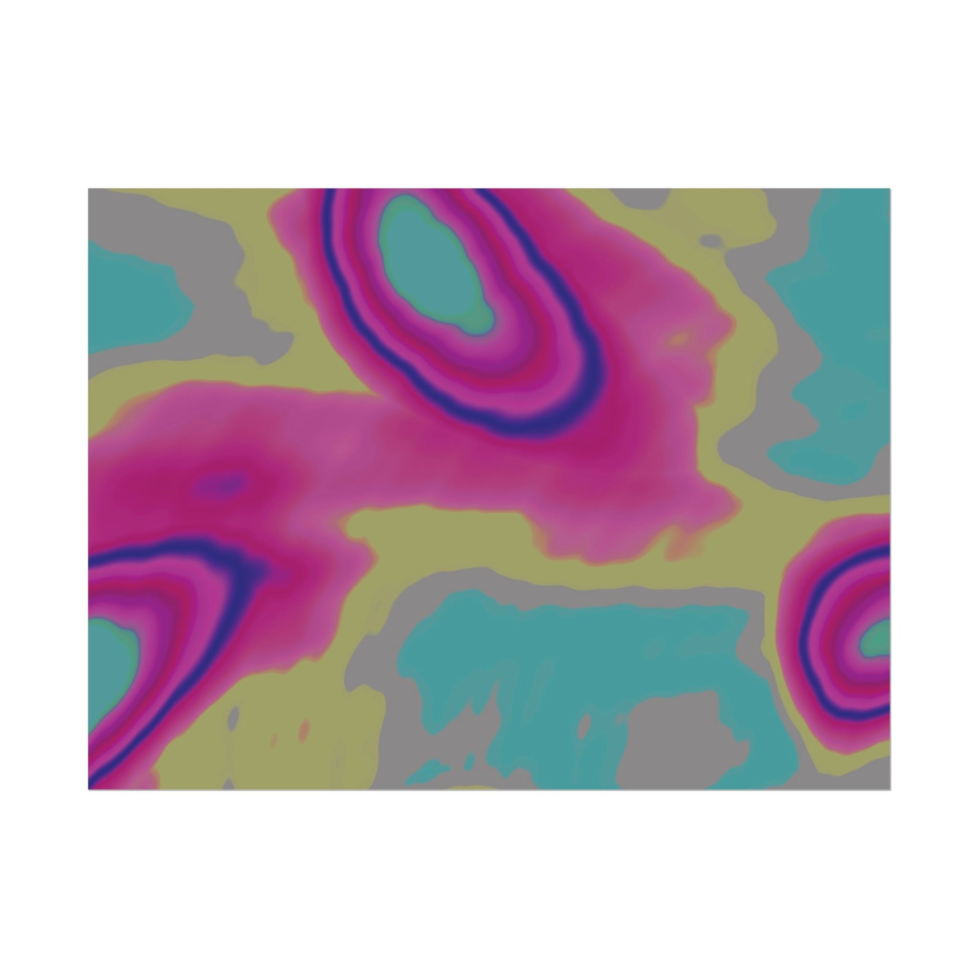 Abstract artwork in shades of pink, cyan and yellow.