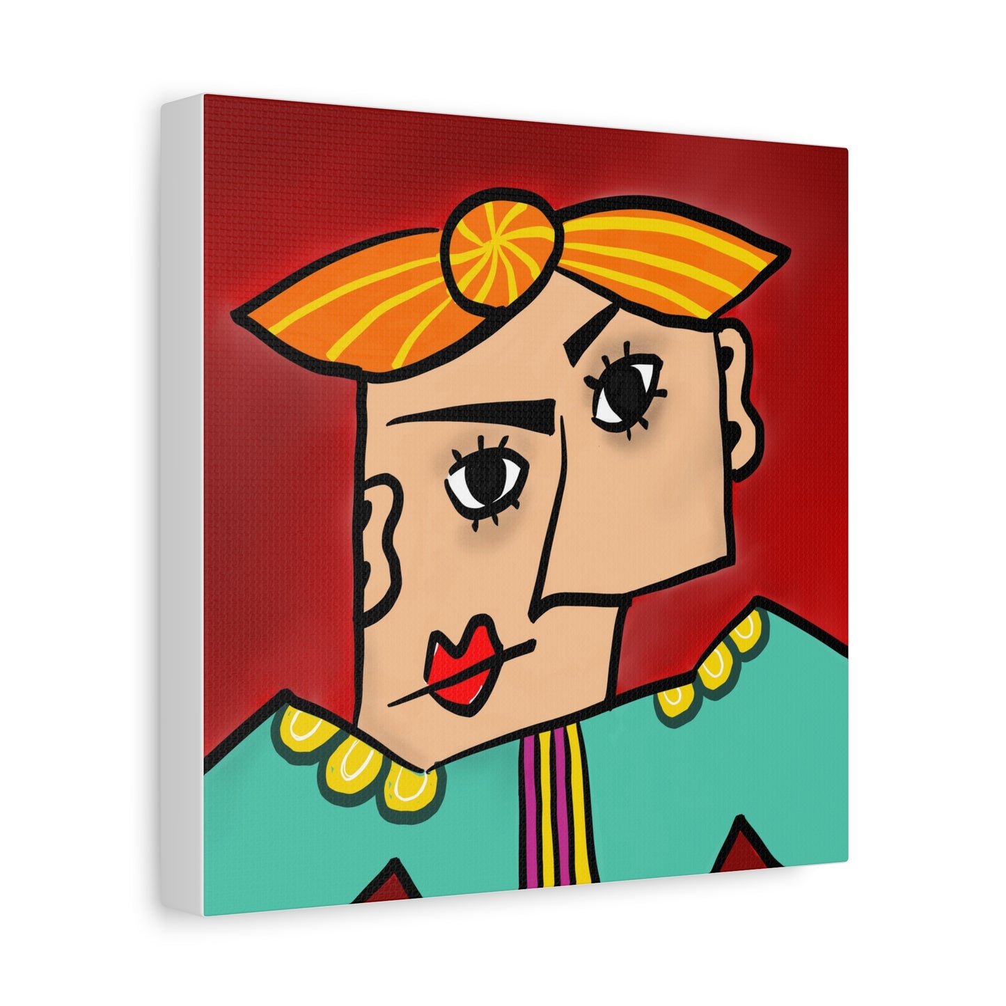 Abstract painting of a face with a red background