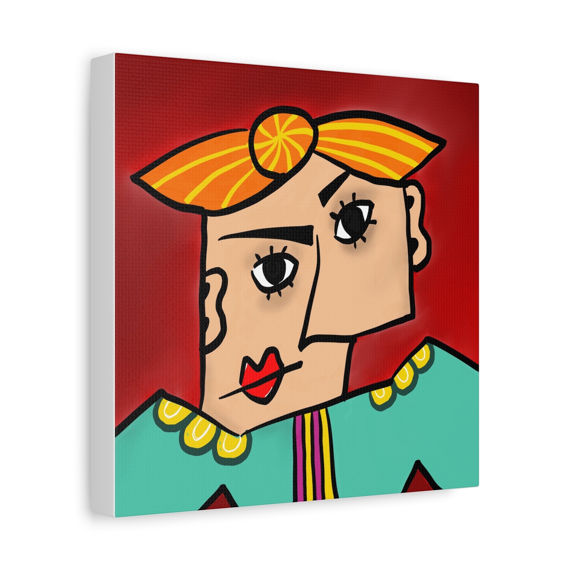 Abstract painting of a face with a red background