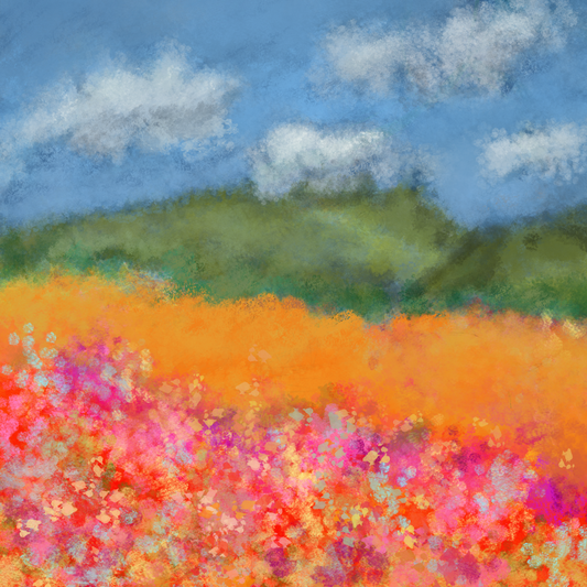"...A Warmth Rose Up' - Colourful digital abstract landscape with orange field, pink flowers, and green hills under a blue sky.