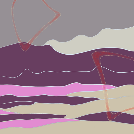 "Almost" Abstract landscape with wavy lines in mauve , pink, beige, and grey.
