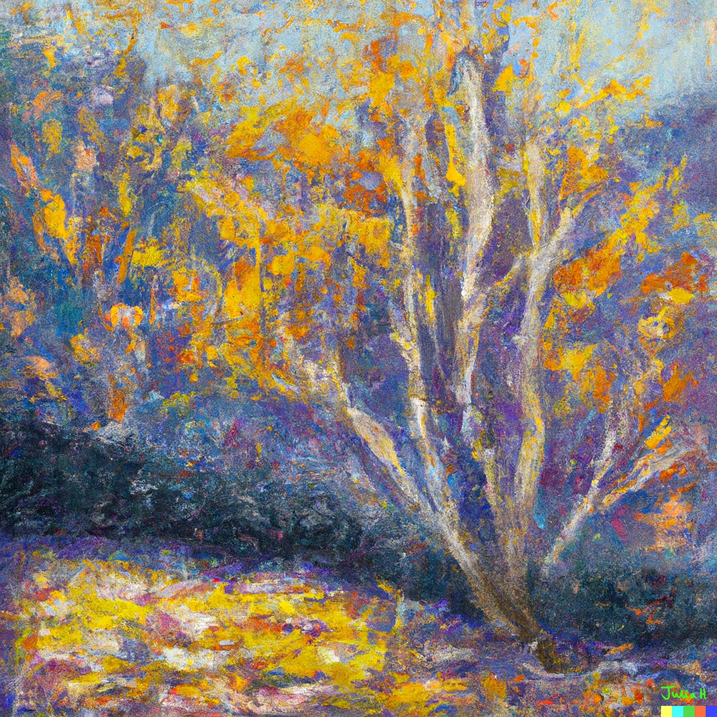 An AI-generated digital artwork by Julia Hargreaves and DALL-E, ‘Autumn Breeze’ depicts a cascading, leaf filled sky around a lone tree in a garden.  The cool autumn sky is filled with fluttering golden yellow and orange leaves and the ground is blanketed with fallen leaves.  The entire scene is alive with movement, as the AI algorithms meticulously analysed results convey a sense of energy and harmony, as well as a feeling of autumnal change.