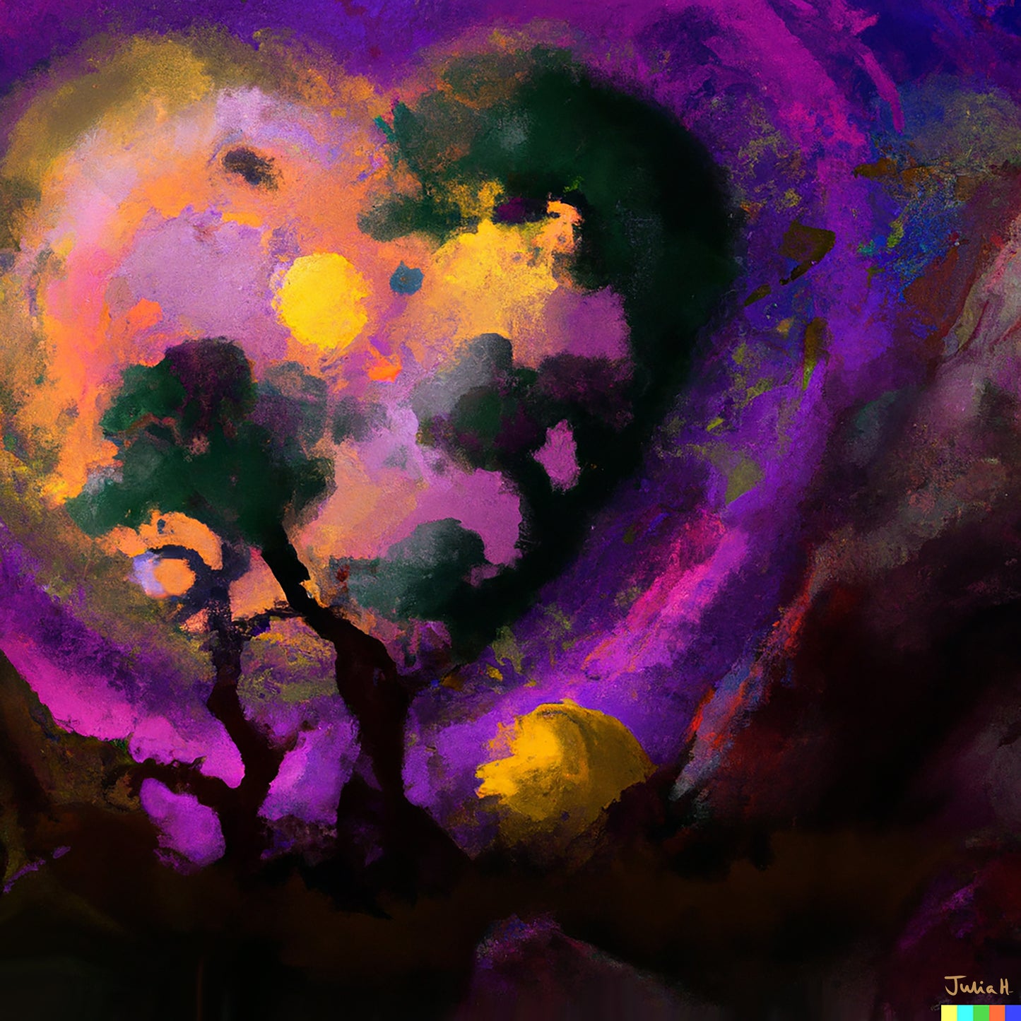 An AI-generated digital artwork by Julia Hargreaves and DALL-E.  Rendered in a painterly style ‘Autumn Song’ depicts two tree-like structures standing against a coloured background. Muddied hues form the shape of a heart, and daubs of colour are used to convey a sense of decay and despair.