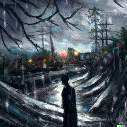 An AI-generated digital artwork by Julia Hargreaves and DALL-E, ‘Autumn Rain’ depicts solitary figure stood under the cover of an overcast sky gazing at a rural town as if she has an uncertainty about something or someone.  The town sits in a valley to the left of three electricity pylons, rain washes over a road that separates the town from the darkened figure.  The AI uses rich, vibrant colours and simulated dynamic brushstroke effects to capture the essence of this powerful force of nature.