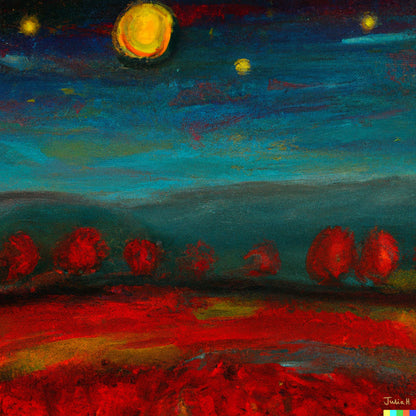 An AI-generated digital artwork by Julia Hargreaves and DALL-E, ‘Autumn in the Countryside’ depicts a night sky where an autumnal breeze blows beneath three glowing stars and a radiant waning gibbous moon casting light over a rural landscape.  Two blue green hillsides provide a serene backdrop to a vibrant blood red foreground lined with seven abstract trees decreasing in size and dominance toward the centre.  The image is part of the ‘Autumn’ series of AI-generated digital artworks.