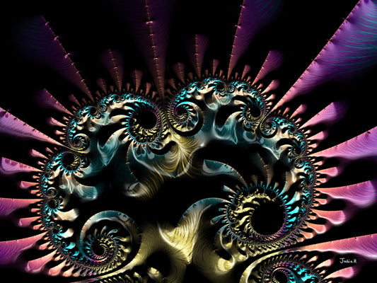 "Beast' (2024) fractal artwork by Julia Hargreaves. It features a combination of spiral circular motifs, creating an illusion of depth and movement.  The colour palette includes shades of gold, turquoise, pink, and black, enhancing the visual impact of the fractal.  The overall effect is both symmetrical and dynamic, making it visually interesting due to the detailed patterns that seem to repeat infinitely as they become smaller towards the edges.