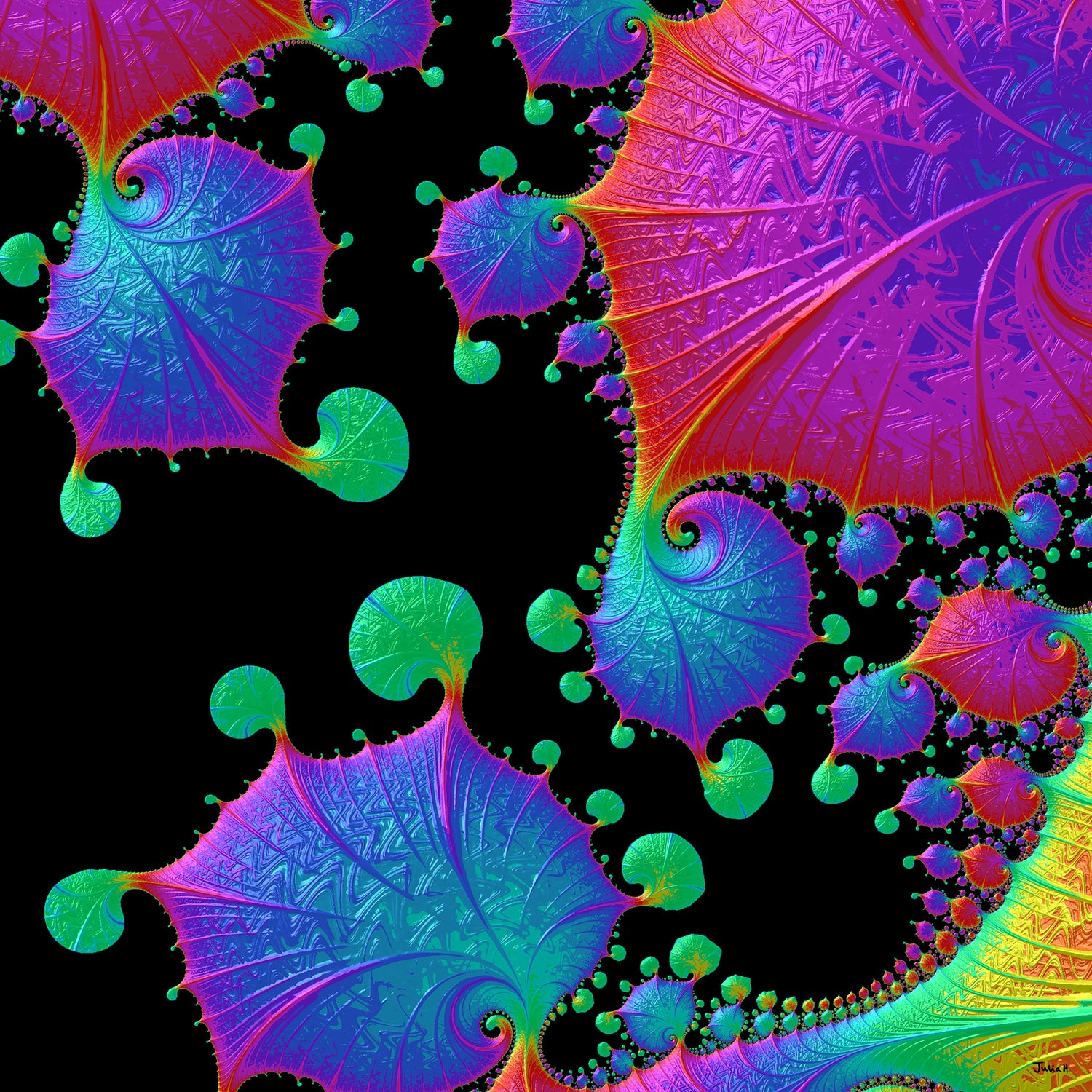 A fractal artwork by Julia Hargreaves, 'Cyber Space' is composed of colourful fractal graphics set against a black background.