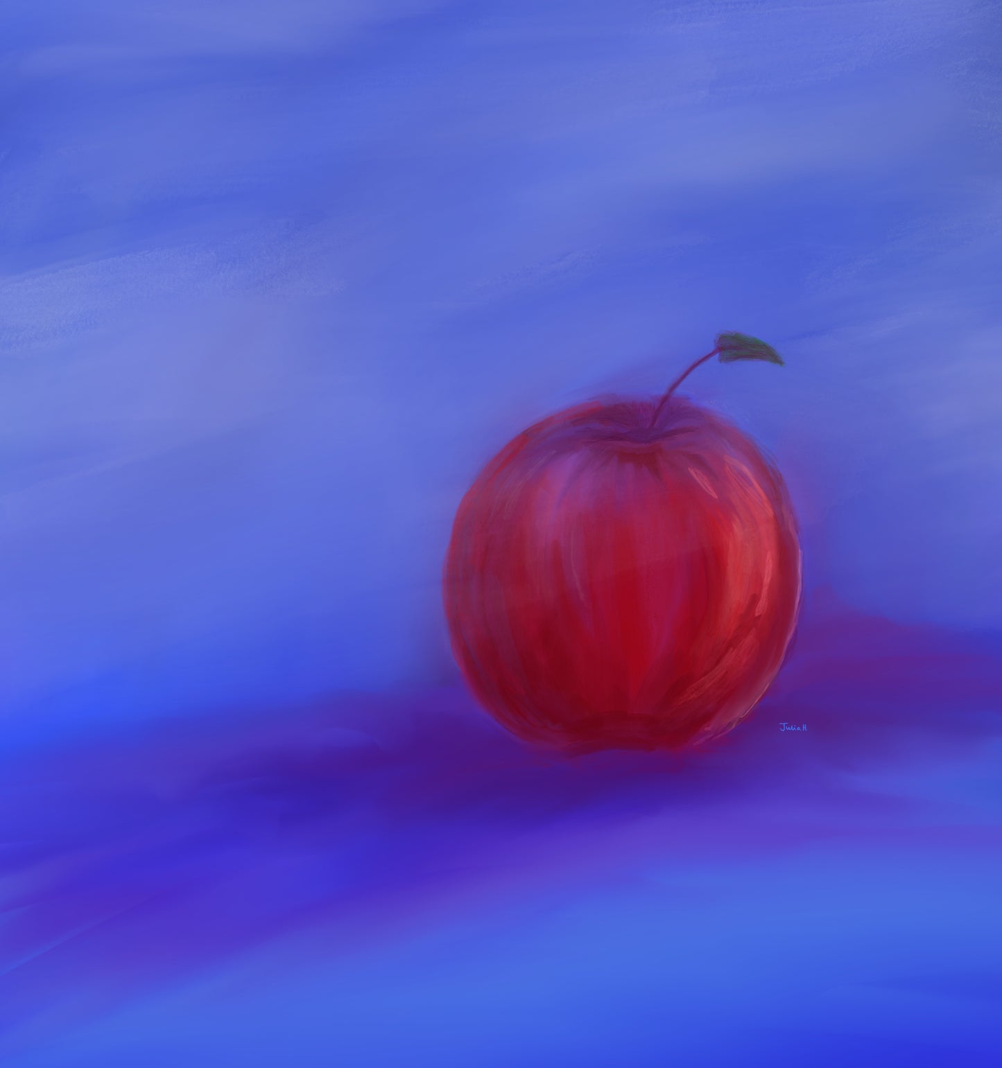 'Red Apple' digital painting by Julia Hargreaves depicting a red apple against a blue background.