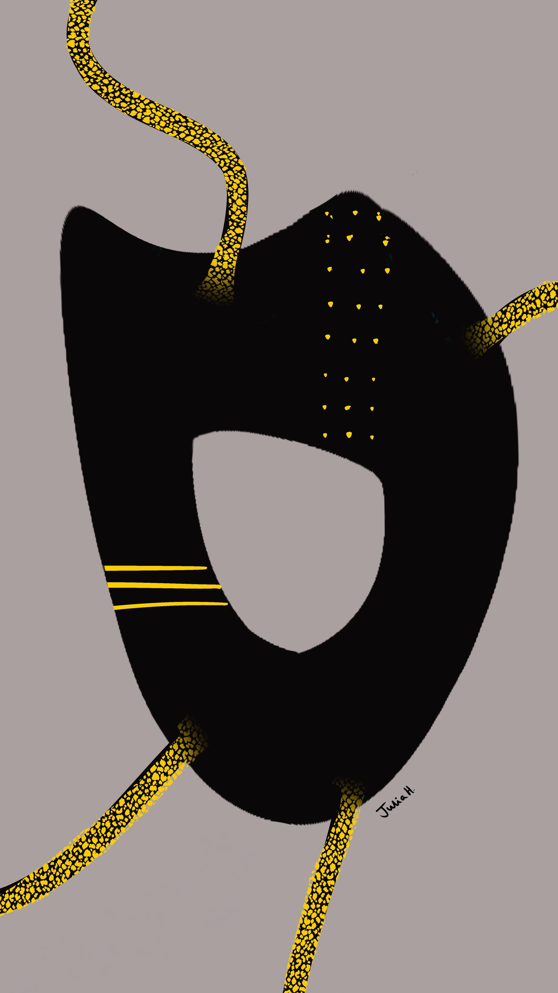 ‘Mask’ a digital painting by Julia Hargreaves depicts a large central organic shape set against a grey background.  The shape is black with an area of tiny yellow dots to the top right and three yellow horizontals lines to the bottom left.  Four mottled black/yellow broad lines extend the shape to the edges of the image.  The centre is hollow revealing the grey background.